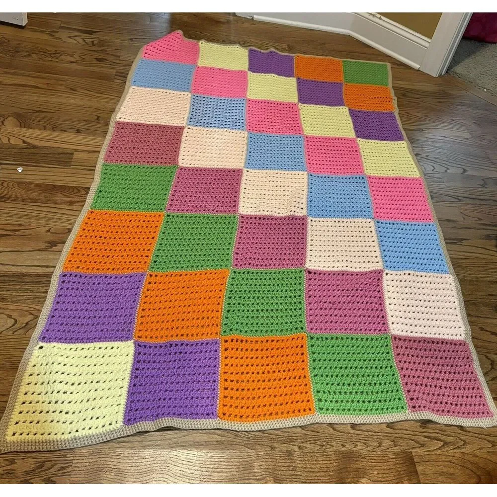 Handcrafted Crochet Afghan Color Block‎ Pattern Lap Throw Blanket 43